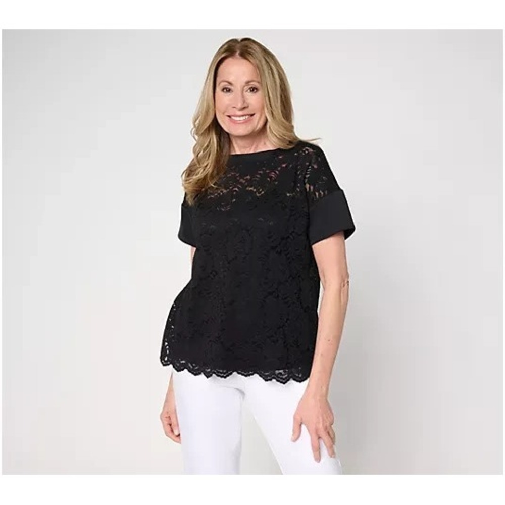 BEAUTIFUL by Lawrence Zarian Knit Lace Boat Neck Top with Tank Black, Large